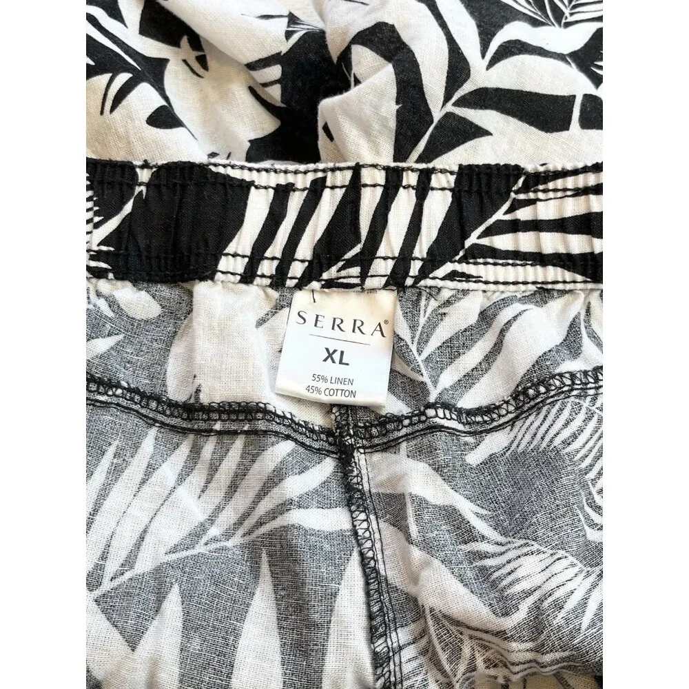 Serra‎ Linen Blend Pants Women’s Sz XL Tropical Print Black White Pull On Crop